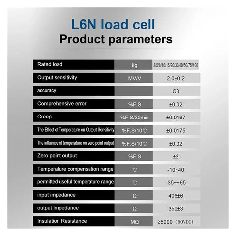 L6N Single Point Load Cell Sensor product parameters chart detailing specifications for weight measurement up to 50 kg.