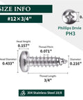 Heavy Duty Tough As Nails 304 Stainless Steel Pan Head Sheet Metal Screws Phillips Drive Self Tapping Rust Resistant Hardware For Wood And Metal Projects Pack Of Fifty size information with measurements.