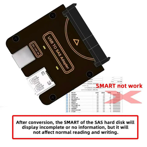 SAS To USB 3.0 Hard Drive Adapter With Built-In Chipset, 29Pin SFF-8482 To 5Gbps USB 3.0, Power Port, No RAID Card Needed, Easy Plug-And-Play Access For SAS Drives, Requires 12V/3A Power Supply.