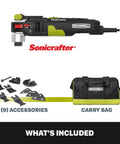 AW400 F80 Sonicrafter 4.2 Amp Oscillating Multi Tool with 9 accessories and carry bag for DIYers and pros shown with items included.