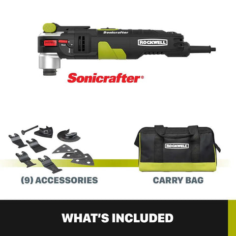 AW400 F80 Sonicrafter 4.2 Amp Oscillating Multi Tool with 9 accessories and carry bag for DIYers and pros shown with items included.