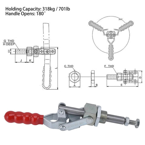Diagram and image of Rugged Heavy Duty Push Pull Toggle Clamp With 701 Lbs Holding Capacity, 180 Degree Quick Release