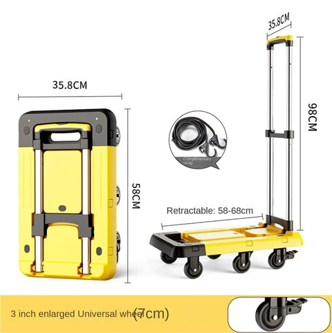 Heavy Duty Folding Platform Hand Truck With 6 Wheels Trolley Cart And Stretchable Handle For Home And Office Use Yellow, Anti Slip Chassis, Telescopic Design, Foldable, Space Saving All Purpose Cargo Carrier, 35.8x58x98 cm, steel