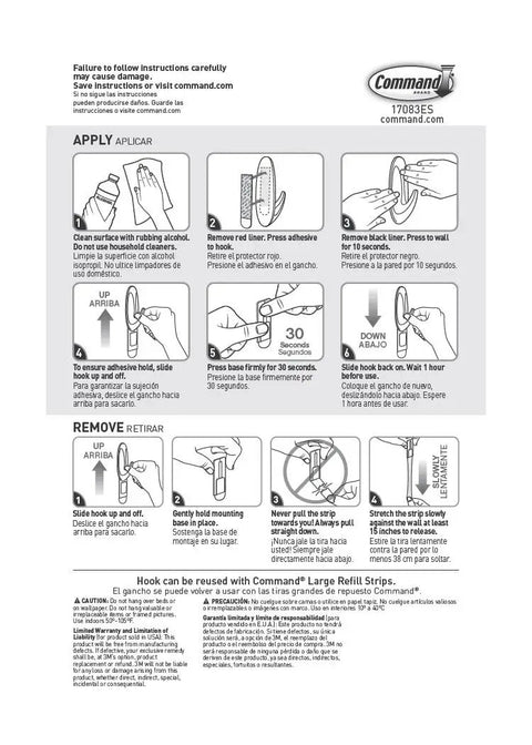 Instruction sheet for Designer Damage Free Wall Hooks Set With Sixteen Hooks And Twenty Four Adhesive Strips Holds Up To Five Pounds No Tools Needed Great For Hanging Organization And Storage In Your Home.