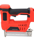 No Sweat Garage Grade Brushless Cordless Brad Nailer With Rapid Single Contact Firing Mode For Smooth Nail Driving and Heavy Duty Woodworking Or Framing Gear For Weekend Warriors, red and black design.
