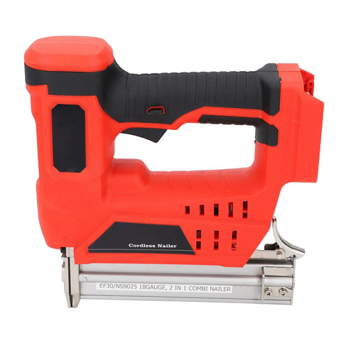 No Sweat Garage Grade Brushless Cordless Brad Nailer With Rapid Single Contact Firing Mode For Smooth Nail Driving and Heavy Duty Woodworking Or Framing Gear For Weekend Warriors, red and black design.