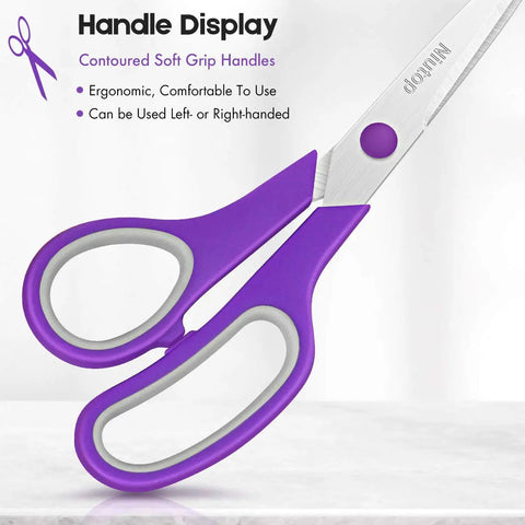 Five Pack 8 Inch Multipurpose Fabric Scissors Set For Sewing, Craft, Office And School, purple handle close-up