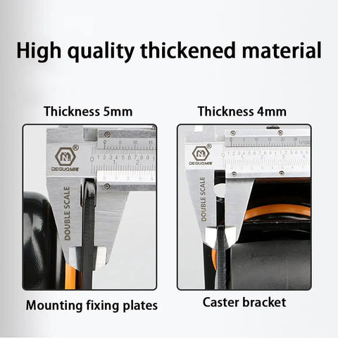 Rock Solid Heavy Duty Swivel Casters With Dual Brake System And Double Bearing Nylon Wheels, measuring 5mm and 4mm thickness.