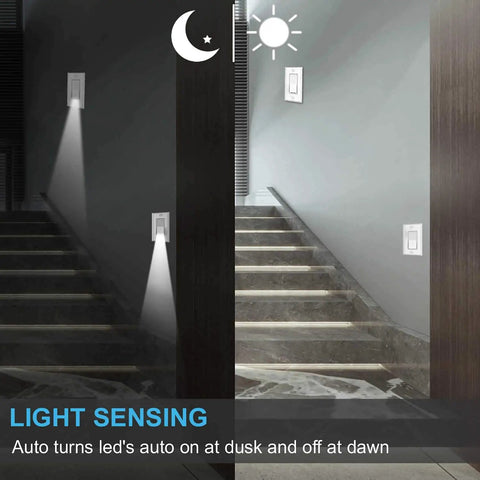 Light sensing 10 Pack Light Switch With LED Night Light And Auto On Off Sensor on staircase, shows dusk to dawn feature