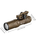 Odin Mini Ultra Compact Tactical Flashlight For Hunting And Outdoors Legit 1250 Lumens 240 Meter Beam in desert tan with dimensions shown