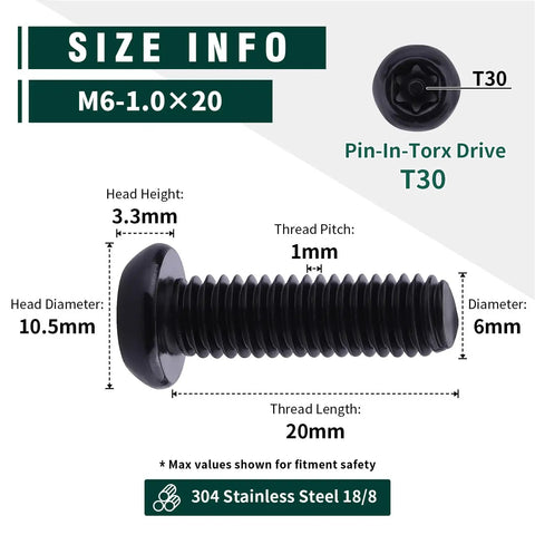 Snag This Badass Set Of M6 By 20mm Button Head Torx Machine Screws In Premium Stainless Steel With A Sleek Black Finish And T30 Security Bits For Tough Anti Theft Garage Builds, size info with measurements.