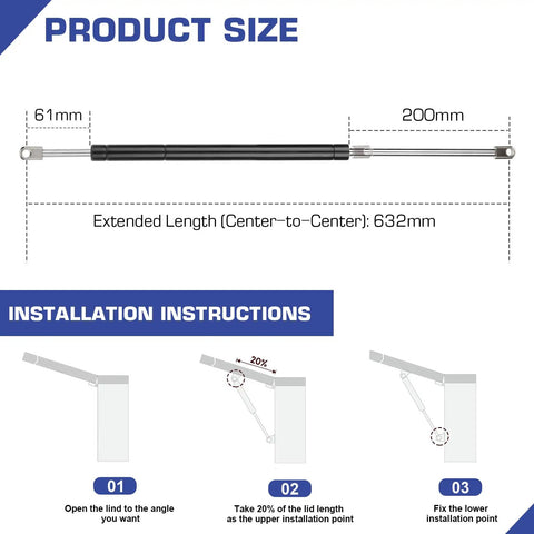 Tough As Nails Heavy Duty 24 Inch Gas Spring Shock Struts Pair Split Force Lift Support image showing product size and installation instructions.
