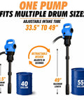 Heavy Duty Electric Drum Pump Blasts Through Fluids At Five Gallons Per Minute Fast Barrel Transfer Featuring Telescoping Tube And Dual Voltage Setup For Def Diesel Antifreeze Detergent And Light Oil Gets The Job Done In A Flash No Sweat, adjustable intake tube from 33.5" to 49".