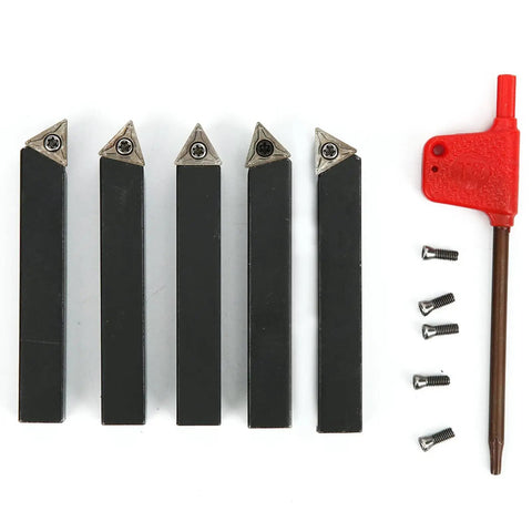 Five Piece Three Eighths Inch Indexable Turning Tool Set With Cemented Carbide And Nickel Coating includes 5 inserts and key