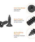 Close-up of 100 Pack Flat Head Torx Screws M3 X Ten Millimeter 304 Stainless Steel Countersunk Self Tapping Security Wood Screws Tamper Resistant Fit T10 Bit For Built Tough Fence Deck Builds Black showing screw head and threading details.