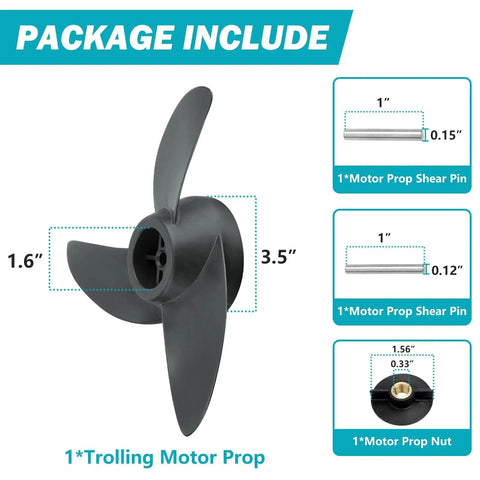 Go To Three Blade Trolling Motor Propeller Replacement For Machete III 3.5 Inch Hub Small Boat Motor Package Contents