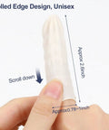 Top Notch Medium Finger Cots 480 Count Powder Free Fingertip Sleeves shown on finger, rolled edge design, size approx 2.6 inch.