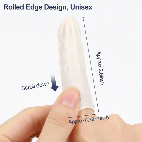 Top Notch Medium Finger Cots 480 Count Powder Free Fingertip Sleeves shown on finger, rolled edge design, size approx 2.6 inch.