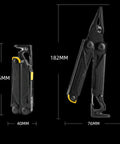 Light Purple 17 In One Tactical Multitool Pliers with Built In Flint Fire Starter shown open and closed, sizes labeled.