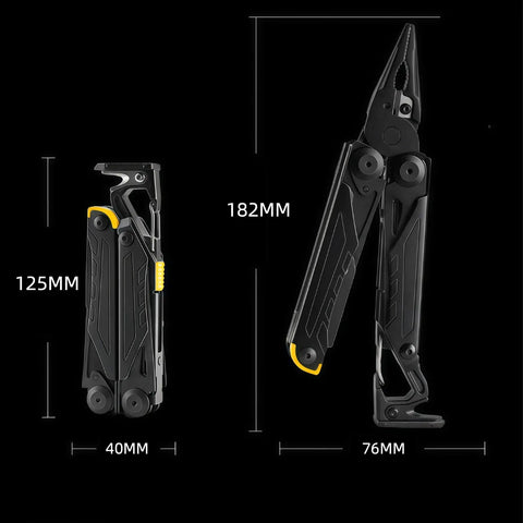 Light Purple 17 In One Tactical Multitool Pliers with Built In Flint Fire Starter shown open and closed, sizes labeled.