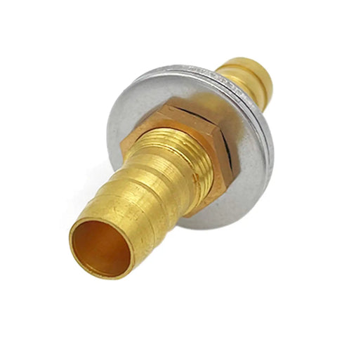 Brass Five Sixteenth Inch Hose Barb Bulkhead Fitting Thru Bulk Straight Adapter view showing brass and metal components.