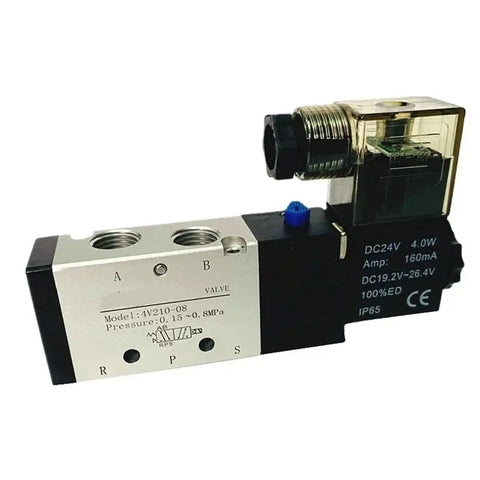 4V210-08 AC220V Pneumatic Solenoid Valve 5 Way 2 Position Control Valve For Double Acting Cylinders In Industrial Automation With 50 To 60Hz Power And Durable Copper Coil For Reliable Quick Switching, side view with threaded ports
