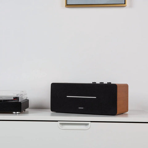 Dope Desktop Bluetooth Speaker Set With 70W RMS, Wooden Enclosure For Rich Warm Sound, front view on a white table