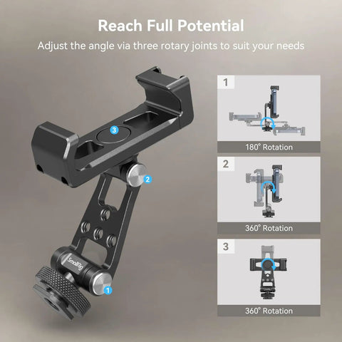 Bangin Universal Phone Holder Mount With Cold Shoe And Quick Release Clamp features three rotary joints for adjustable angles.