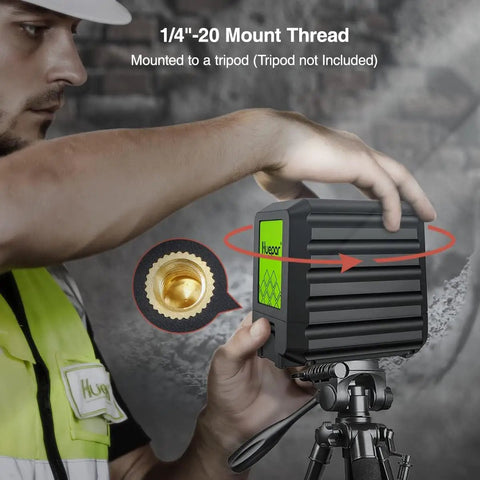 Red Cross Line Laser Level For Picture Hanging And Tile Work, mounted on a tripod, showing 1/4"-20 mount thread detail