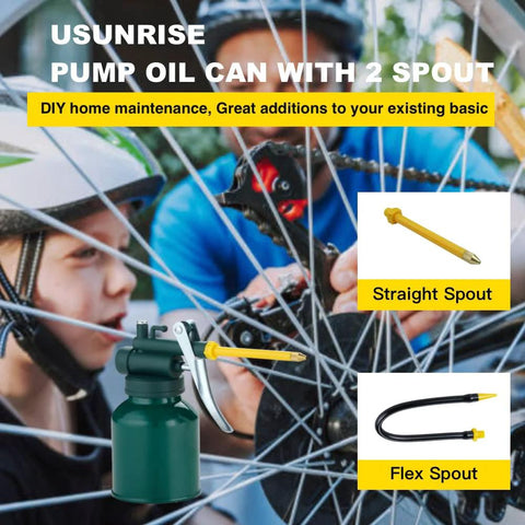 Green metal oil can with 9in straight and 3in flexible spouts for precise machinery lubrication
