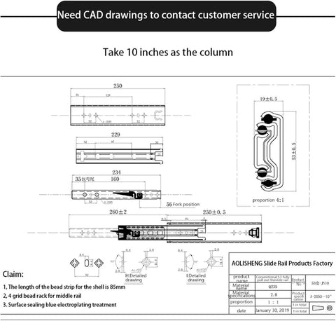 Detailed CAD drawing of One Pair Heavy Duty Drawer Slides Ball Bearing Full Extension Cabinet Rails with dimensions.