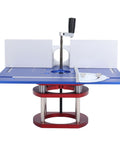 Top Shelf Aluminum Router Lift Base Height Adjustable Manual Woodworking Table Slick Mounting Badass Stainless Steel Brackets Knockout Precision Engraving Milling Unit Blue with red support.