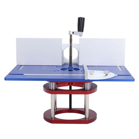 Top Shelf Aluminum Router Lift Base Height Adjustable Manual Woodworking Table Slick Mounting Badass Stainless Steel Brackets Knockout Precision Engraving Milling Unit Blue with red support.