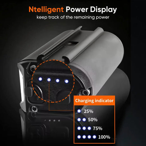 Close-up of Ultra Bright 1000 Lumen USB Rechargeable Bike Headlight power display with charge indicators