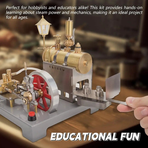 DIY Steam Engine Kit With Boiler And Generator For Adults Reversible Horizontal Stationary Engine Model Metal Build Your Own STEM Project Street Lamp Included, brass steam engine with generator and lamp