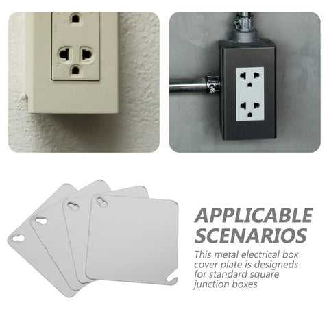 4 Pack Square Electrical Box Cover Plates For Blank Control Panels Or Junction Boxes shown beside various applicable scenarios