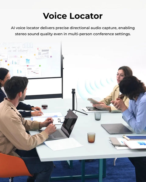 Ultra Compact 4K AI Webcam Featuring Buttery Smooth Auto Tracking And Triple Mic Array used in a business meeting for clear audio.