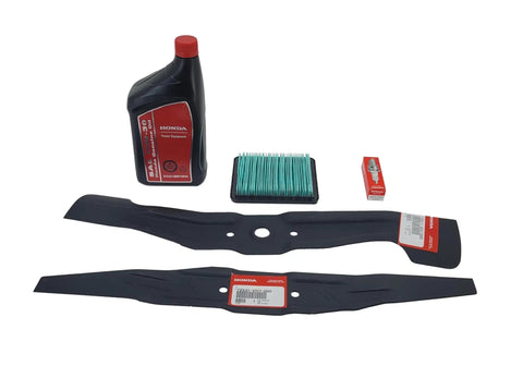 HRX217 Series All In One Tune Up Kit For Lawn Mower With Genuine Blade Set, air filter, spark plug, oil bottle visible.