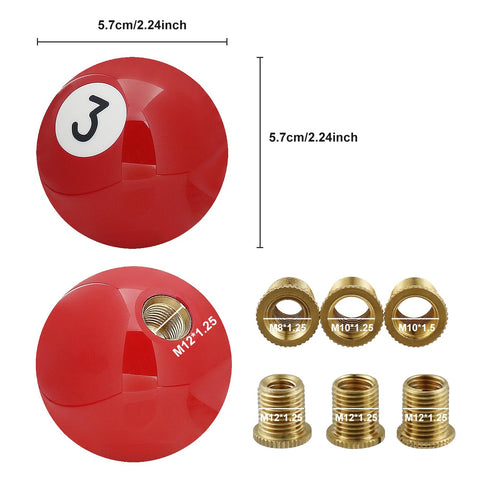 Billiard Style Shift Knob For Cars Trucks And SUVs Red No 3 Round Ball Gear Shifter Knob For Automatic And Manual Transmission Easy Grip And Cool Interior Accessory, shown with adapters and dimensions.