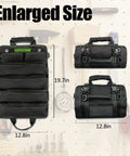 Heavy Duty Tool Roll Up Bag With Six Tool Pouches Built From 1000D X 1000D Fabric For Motorcycle And Truck Use, shown open and closed.