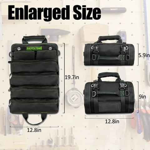 Heavy Duty Tool Roll Up Bag With Six Tool Pouches Built From 1000D X 1000D Fabric For Motorcycle And Truck Use, shown open and closed.