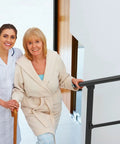 Zero Sweat Setup Adjustable Outdoor Step Railings For Porch And Stairs features senior woman using handrail in home.