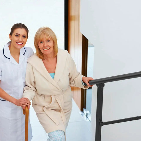 Zero Sweat Setup Adjustable Outdoor Step Railings For Porch And Stairs features senior woman using handrail in home.
