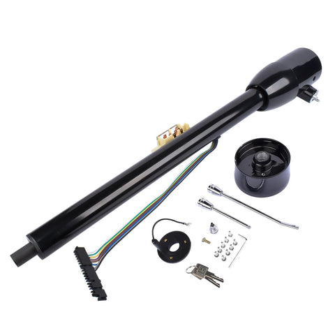 GELUOXI GM 32-inch tilt manual steering column kit with key, 9-hole adapter, wiring harness, black stainless finish.
