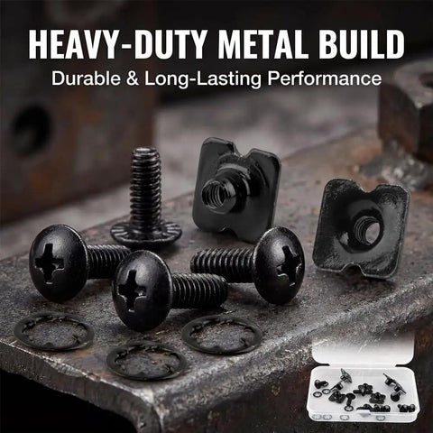 Eight Sets Heavy Duty Football Backplate Screws Chicago Screws Rig With Nuts Washers Driver For Youth Adult Shoulder Pads Rust Resistant Black Coating close-up of screws and washers