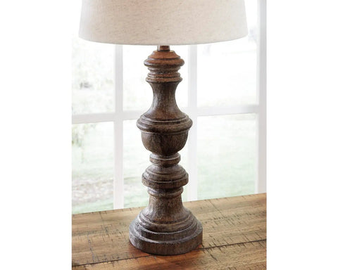Magaly Cottage 27.65 Inch Table Lamps 2 Pack Brown Faux Wood With Drum Shade on wooden table with bright background