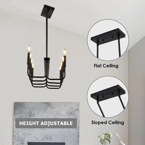 8 Light Black Rectangular Farmhouse Chandelier For Dining Room And Kitchen Island Modern Linear Pendant Light adjustable height
