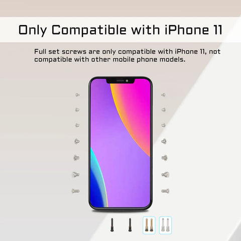Top Shelf Complete Screw Replacement Set For iPhone 11 Full Frame Hardware Kit displayed with iPhone 11 screen and screws.