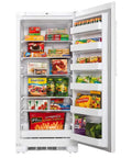 Hella Roomy White Upright Freezer With 16.7 Cubic Feet Of Storage filled with frozen meals and vegetables on pull down shelves.
