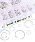 Internal Snap Ring Set 304 Stainless Steel, 200-Piece Assortment in 15 Common Metric Sizes displayed in a compartmentalized box.